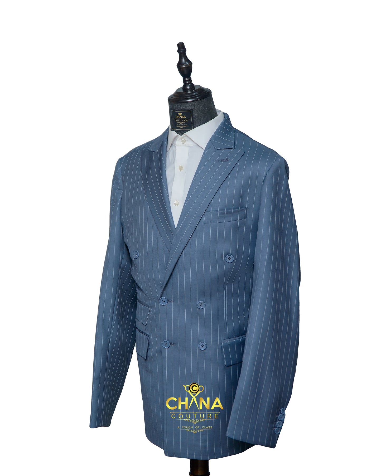 CHANA COUTURE STEEL BLUE WITH WHITE PINSTRIPES SUIT SET 123